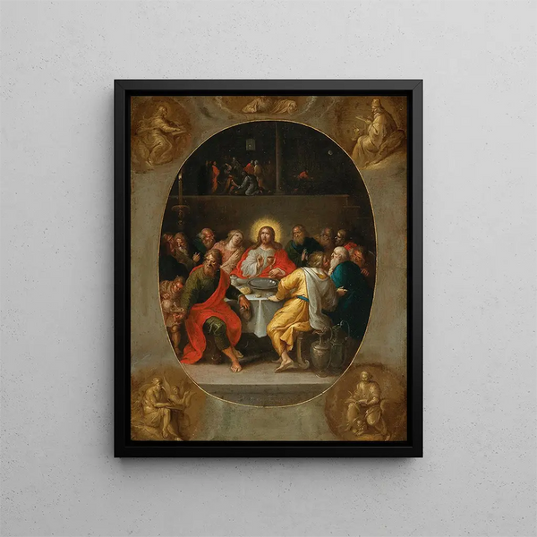 The Last Supper in an oval painting The Godfather and the four evangelists - Frans Francken the Younger — framed artwork on a wall