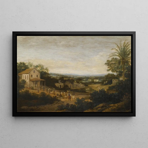 A landscape in Brazil overlooking the Várzea European and indigenous approaching a church in the foreground - Frans Post — framed artwork on a wall