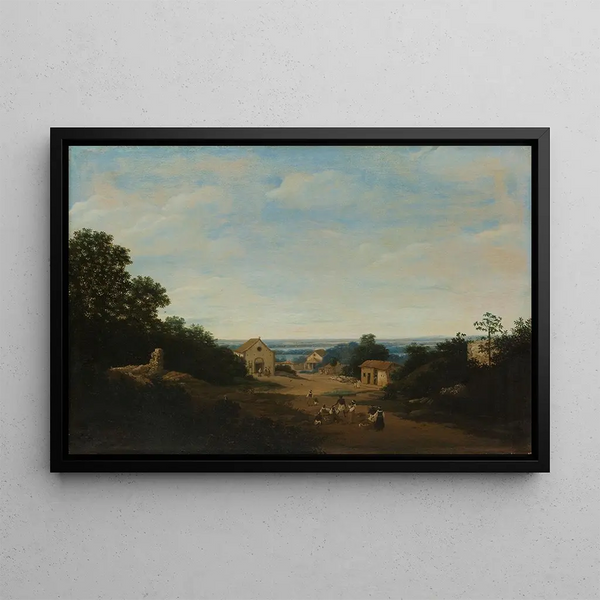 Brazilian landscape painting with the village of Igara on the left, the church of Saints Cosmas and Damian - Frans Post — framed artwork on a wall