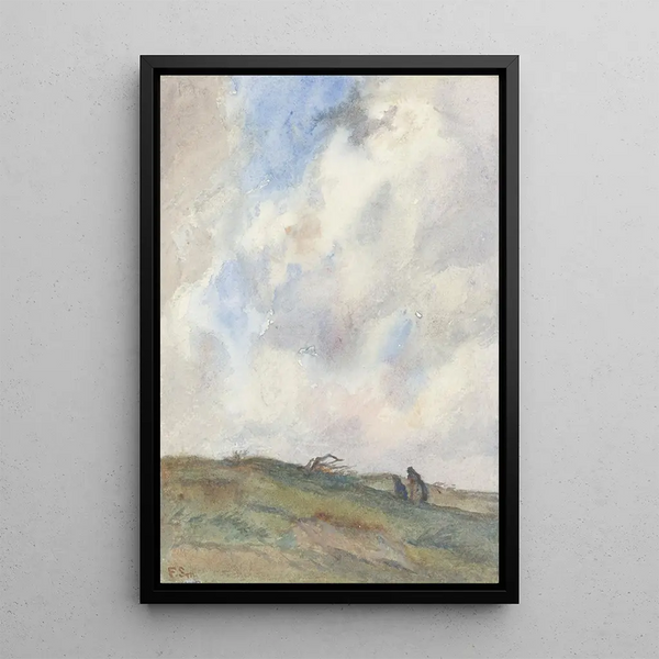 Landscape of dunes painting during stormy weather with two figures - Frans Smissaert — framed artwork on a wall