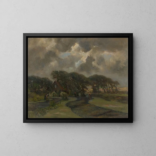 House near a tree and women with fishing nets - Frans Smissaert — framed artwork on a wall