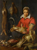 a painting depicting a merchant holding a rooster with game, asparagus, artichokes, utensils, and a bowl of wild strawberries - Frans Snyders — artwork view