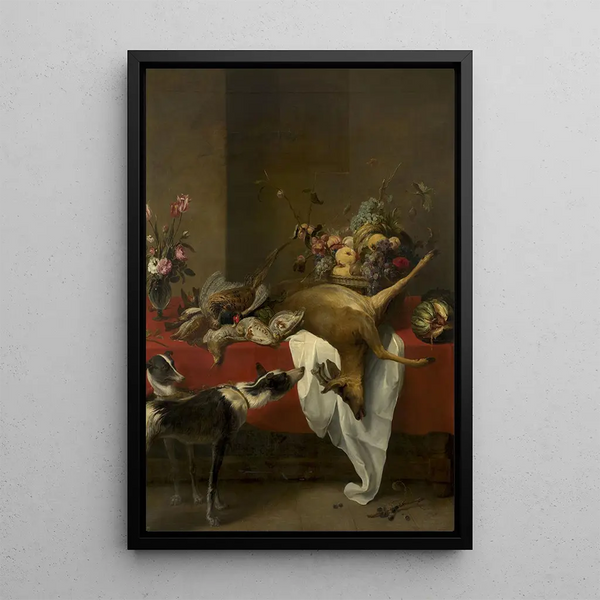 a game fruit basket and flower vase on a table - Frans Snyders — framed artwork on a wall