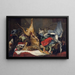 Still life with dead game, a monkey, a parrot, and a dog - Frans Snyders — framed artwork on a wall