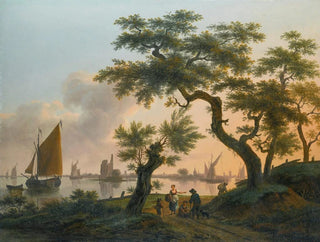 Landscape painting with an estuary, ships on the water, and figures on the path in the foreground - Frans Swagers — artwork view