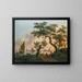 Landscape painting with an estuary, ships on the water, and figures on the path in the foreground - Frans Swagers — framed artwork on a wall