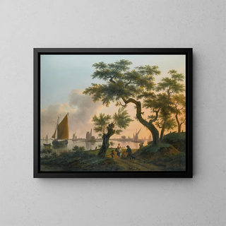 Landscape painting with an estuary, ships on the water, and figures on the path in the foreground - Frans Swagers — framed artwork on a wall