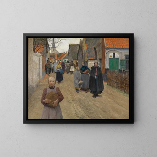 La distribution du pain dans le village - Frans Van Leemputten — framed artwork on a wall