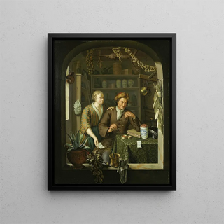 The Pharmacist - Frans van Mieris the Younger — framed artwork on a wall