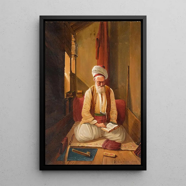 Interior painting with a Turkish gentleman in prayer - Frans Vervloet — framed artwork on a wall