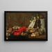 a lobster, oysters, a pastry, mixed fruits, and filled wine glasses on a partially draped table - Frans Ykens — framed artwork on a wall