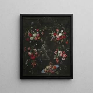 Garland as a frame around the Holy Family - Frans Ykens — framed artwork on a wall