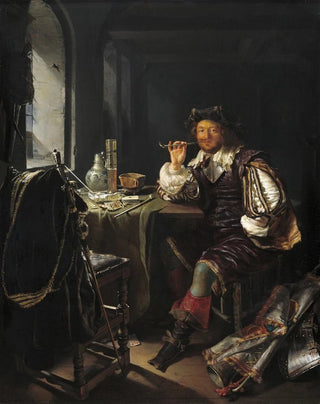 a soldier smoking a pipe - Frans van Mieris the Elder — artwork view