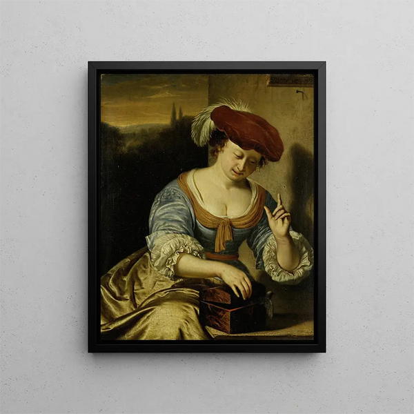 L'oiseau échappé, allegory of chastity - Frans van Mieris the Elder — framed artwork on a wall