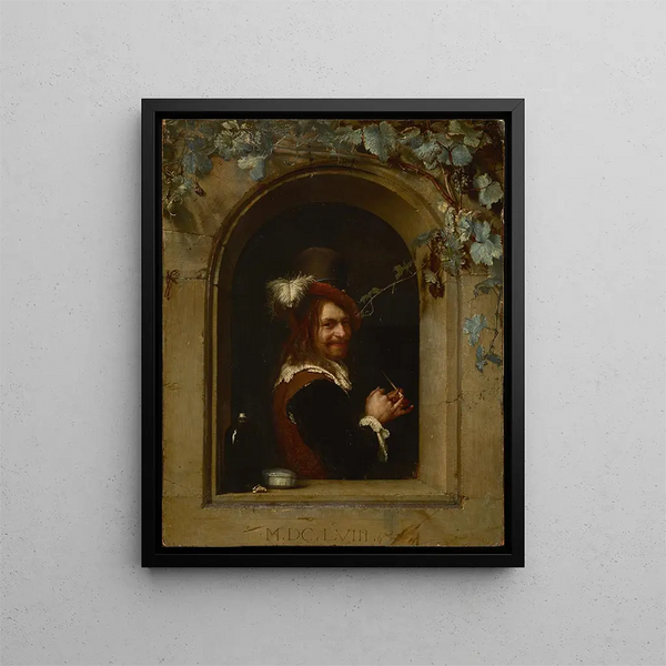 Man with a pipe at the window - Frans van Mieris the Elder — framed artwork on a wall