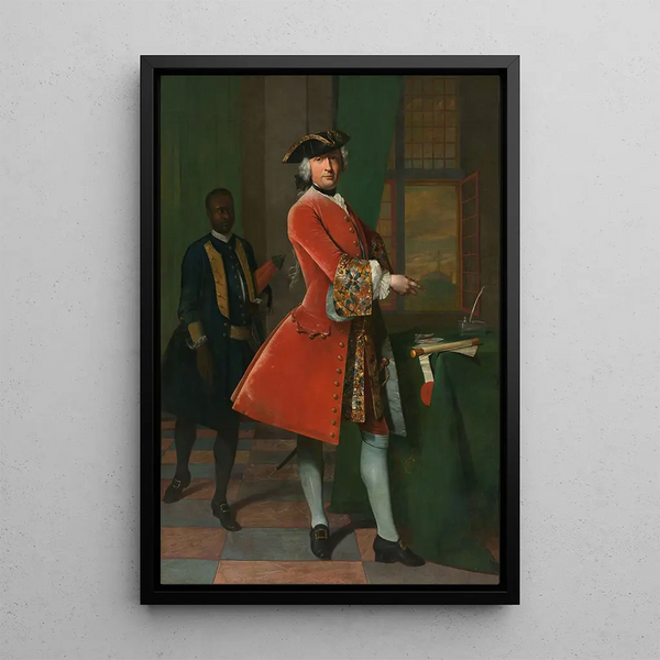 Portrait painting of Jan Pranger and a submissive servant - Frans van der Mijn — framed artwork on a wall