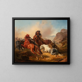 Horses Attacked by Lions - Franz Adam — framed artwork on a wall