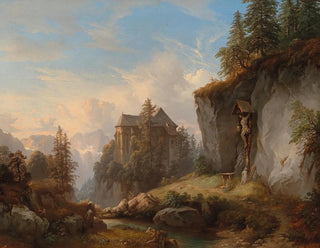 a mountain landscape with a chapel and an oratory - Franz Barbarini — artwork view