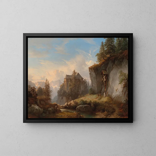a mountain landscape with a chapel and an oratory - Franz Barbarini — framed artwork on a wall