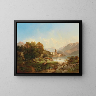 View of Saint-Wolfgang at Lake Wolfgang - Franz Barbarini — framed artwork on a wall