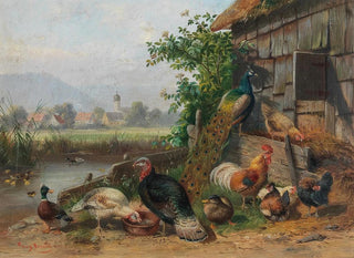 Poultry by the pond with a village in the background - Franz Bernier — artwork view