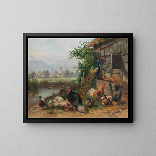 Poultry by the pond with a village in the background - Franz Bernier — framed artwork on a wall