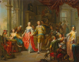Elegant company with figures playing musical instruments and partying indoors - Franz Christoph Janneck — artwork view