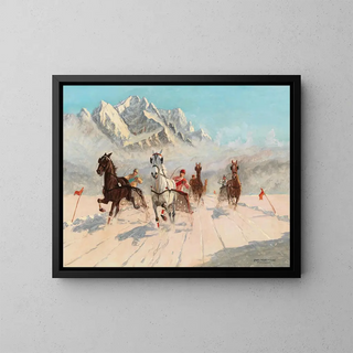 a trotting race on Lake Eibsee with the Zugspitze in the background - Franz Hienl-Merre — framed artwork on a wall