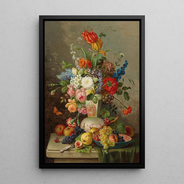 a large bouquet of flowers with fruits on a stone slab - Franz Hohenberger — framed artwork on a wall