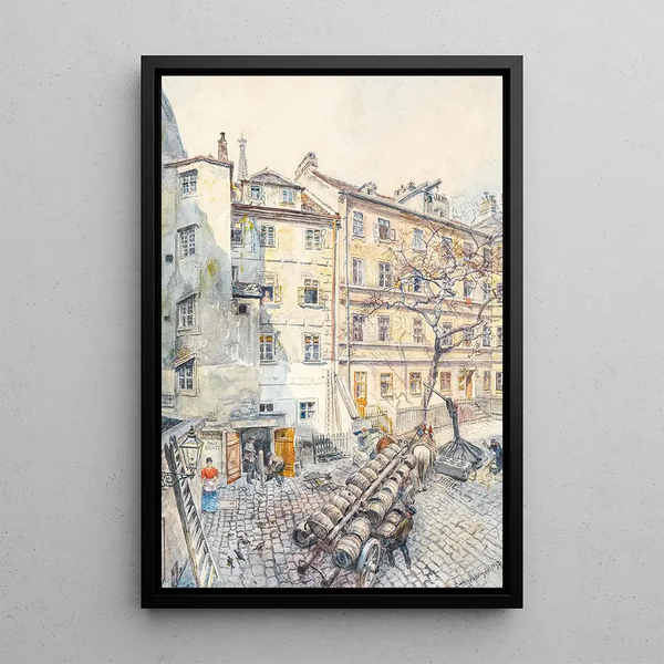 Viennese court painting with beer barrels - Franz Hohenberger — framed artwork on a wall