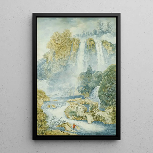 Fisherman at the foot of a waterfall - Franz Kaisermann — framed artwork on a wall