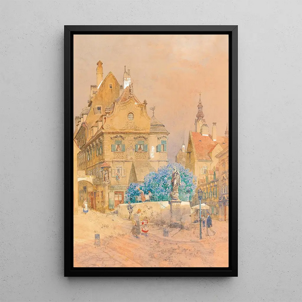 a street corner with a lilac bush and a Madonna statue - Franz Kopallik — framed artwork on a wall