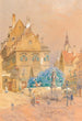 a street corner with a lilac bush and a Madonna statue - Franz Kopallik — artwork view