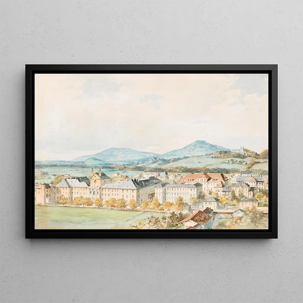 Salzbourg View, Salzach river in the foreground with the old Saint-Jean hospital, Saint-Jean church, and Mlleggertor - Franz Kulstrunk — framed artwork on a wall