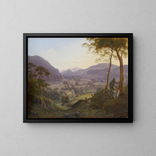 Mountain landscape painting near Salzburg with a young couple - Franz Ludwig Catel — framed artwork on a wall
