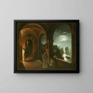 Nonnes dans le cloître de la Certosa surplombant une mer illuminée par la lune vers les Faraglioni de Capri - Franz Ludwig Catel — framed artwork on a wall