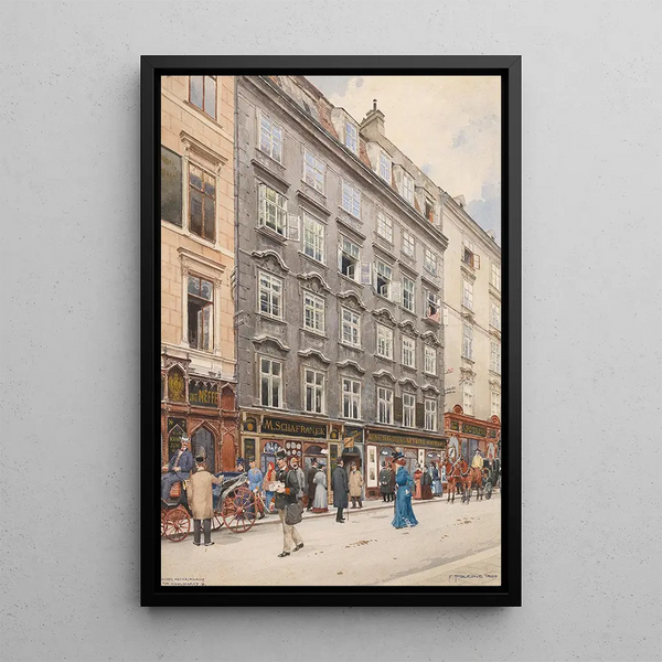 Kohlmarkt painting in Vienna and the Artaria art gallery, carriages, a postman, and walkers - Franz Poledne — framed artwork on a wall