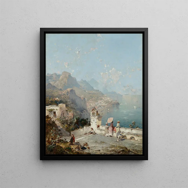 Amalfi The Gulf of Sorrento Characters on a Veranda - Franz Richard Unterberger — framed artwork on a wall