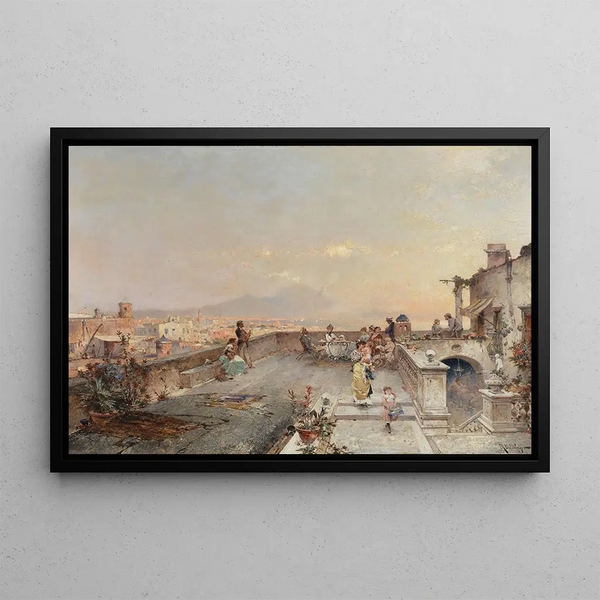 Festivités du soir, baie de Naples, mont Vésuve au loin - Franz Richard Unterberger — framed artwork on a wall