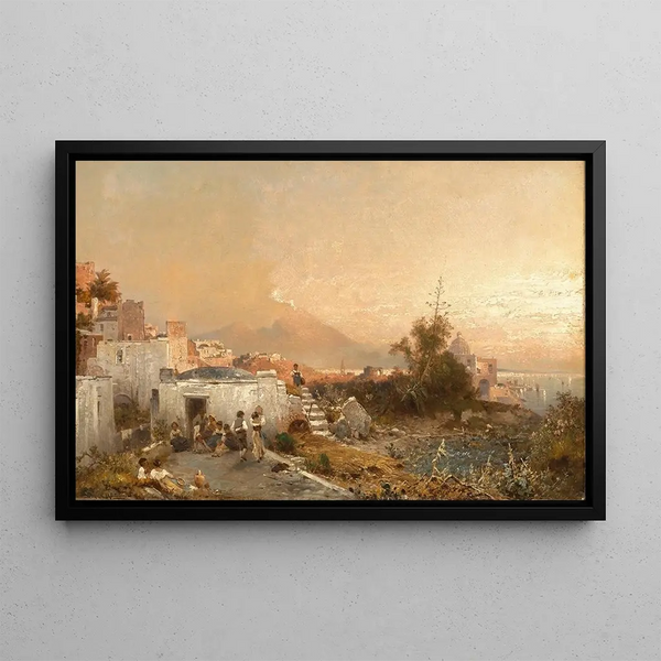 On the Veranda with Naples in the Background - Franz Richard Unterberger — framed artwork on a wall