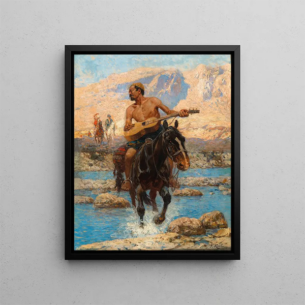 a painting Un cavalier avec une guitare traversant un gué - Franz Roubaud — framed artwork on a wall