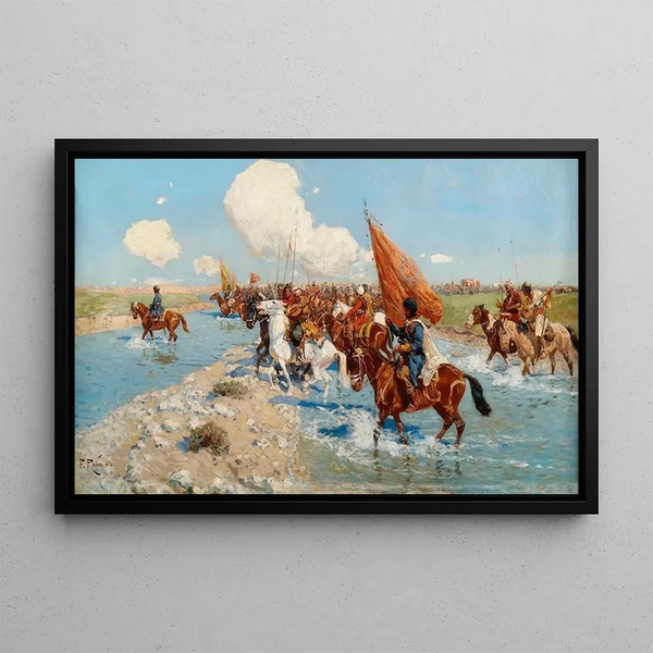 Circassian Cavaliers Crossing a River - Franz Roubaud — framed artwork on a wall