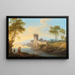 River landscape painting with ruins by the water - Franz Scheyerer — framed artwork on a wall