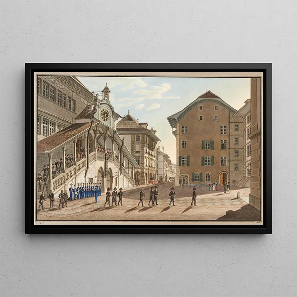 The Grand Council of Bern exiting the Town Hall - Franz Schmid — framed artwork on a wall