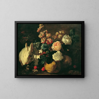 Still Life with Rabbit, Flowers, and Fruits - Franz Werner von Tamm — framed artwork on a wall