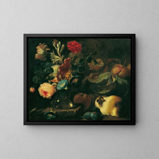 Still life with guinea pig, flowers and fruits - Franz Werner von Tamm — framed artwork on a wall