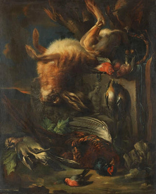Hunting still life painting with a hare and birds - Franz Werner von Tamm — artwork view