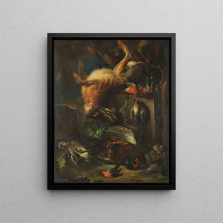 Hunting still life painting with a hare and birds - Franz Werner von Tamm — framed artwork on a wall