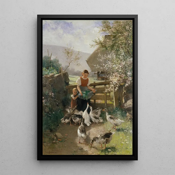 Children with Geese - Franz Xaver Grell — framed artwork on a wall