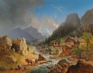 Mountain landscape painting with a mill on a stream - Franz Xaver Hofstetten — artwork view